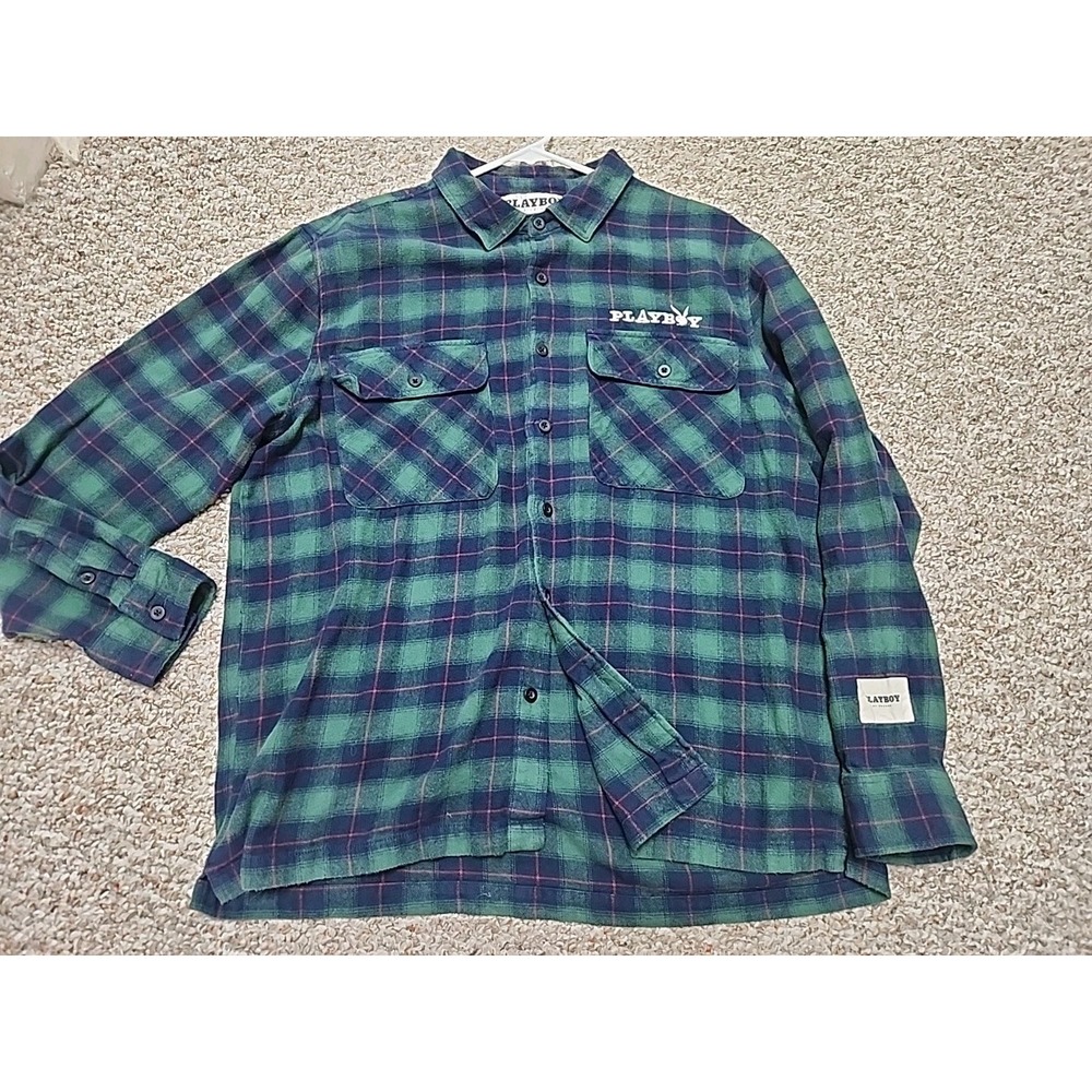 Playboy by Pacsun Flannel Button Up Shirt‎ Mens L Blue Green Plaid Skate Y2K